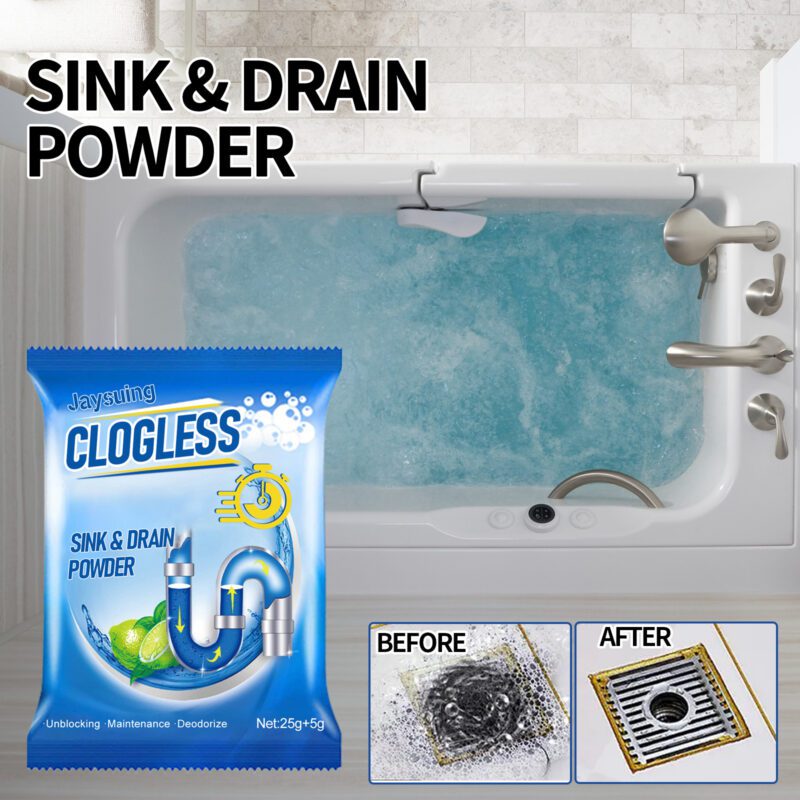 Jaysuing Multi-Purpose Drain Cleaner Powder – Kitchen/Bathroom Unclog, Safe Surface Care